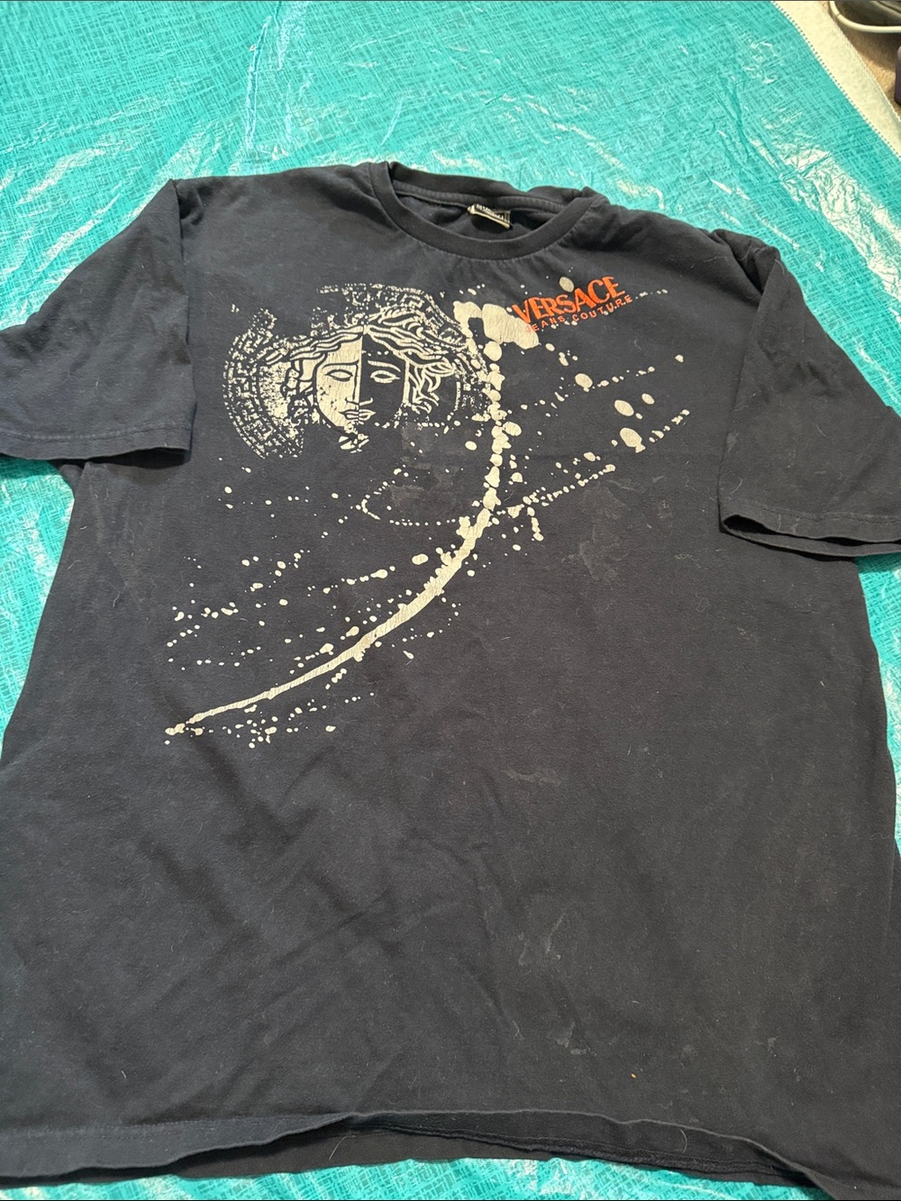 Versace Black T-Shirt with Cream Paint-Splash and Orange Logo